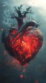 Heart with crystalline root structure burning intensely red