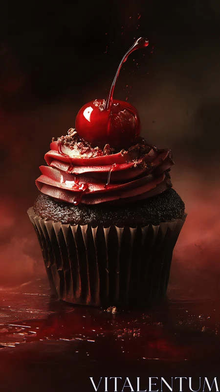 Luxe Black Cupcake with Red Cherry on Moody Dark Background