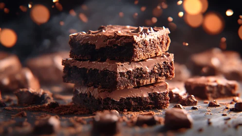 Triple-stack chocolate brownies under shallow depth-of-field bokeh