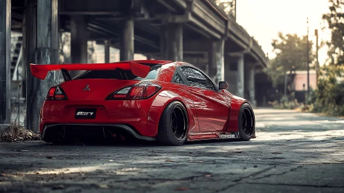 Widebody red tuner coupe under urban overpass, rear three-quarter