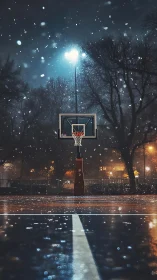 Nocturnal urban court under snowfall and sodium-vapor glow.