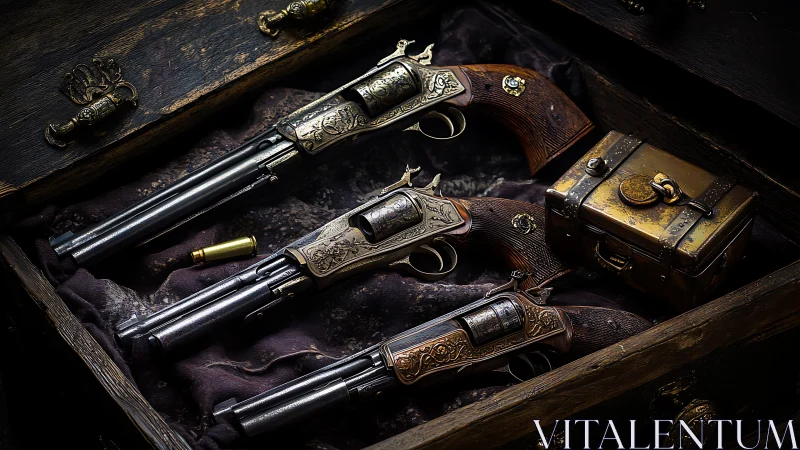 Three engraved revolvers are arranged in a wooden chest