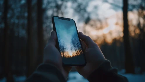 Sunset forest reflection glows gently on a held smartphone