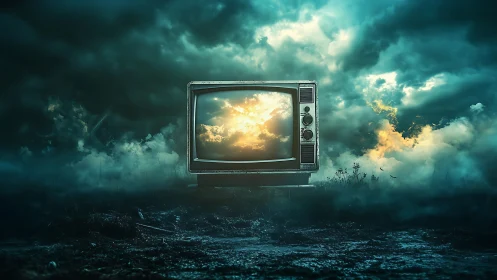 Vintage television in stormy landscape with glowing sky scene.