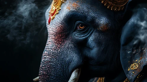 Ornate blue elephant head rendered in cinematic photoreal detail