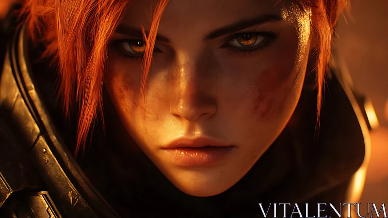 Cinematic close-up of battle-scarred warrior heroine portrait.