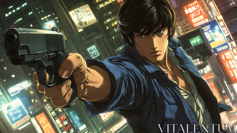 Anime gunman dominates neon cityscape with dynamic perspective