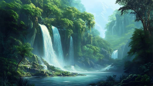 Cascading Waterfall System with Multitier Vertical Drop Architecture in Verdant Canyon