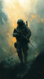 Tactical operator silhouette in burning fog battlefield environment