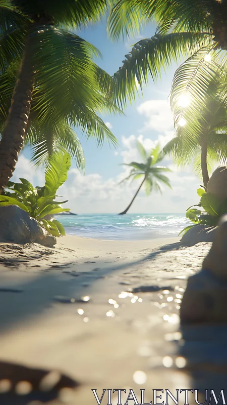 Tropical Beach with Framing Palm Trees and Coastal Waters.