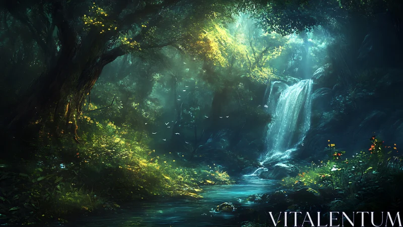 Magical Forest Waterfall with Glowing Light.