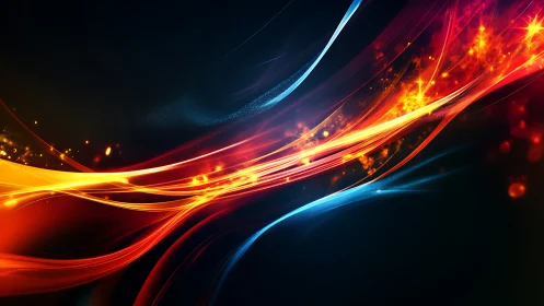 Dynamic neon light trails intersect across deep black field