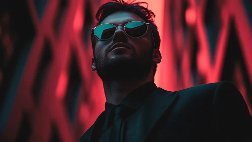 Cool night city portrait in bold neon red reflections.