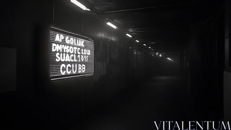 Dark underground corridor with bright glitchy sign.