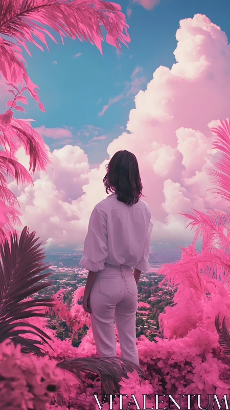Woman contemplates a dreamlike pink landscape under vast clouds