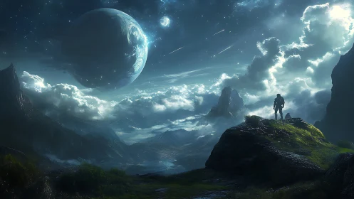 Solitary astronaut observes distant planet above clouded valley
