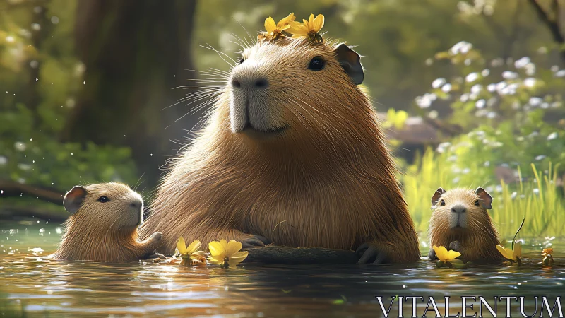 High-detail 3D capybara family rendered in shallow sunlit water