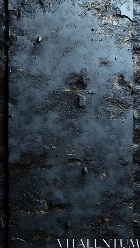 Weathered dark metal wall shows corroded textured surface