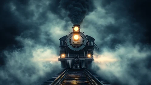 Midnight steam train glowing through swirling silver fog.