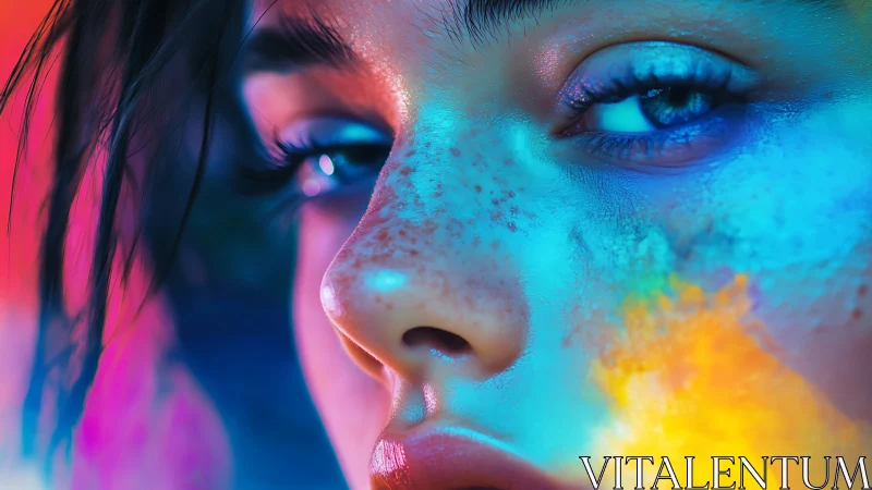 Neon-lit close-up portrait glows with surreal cosmic emotion