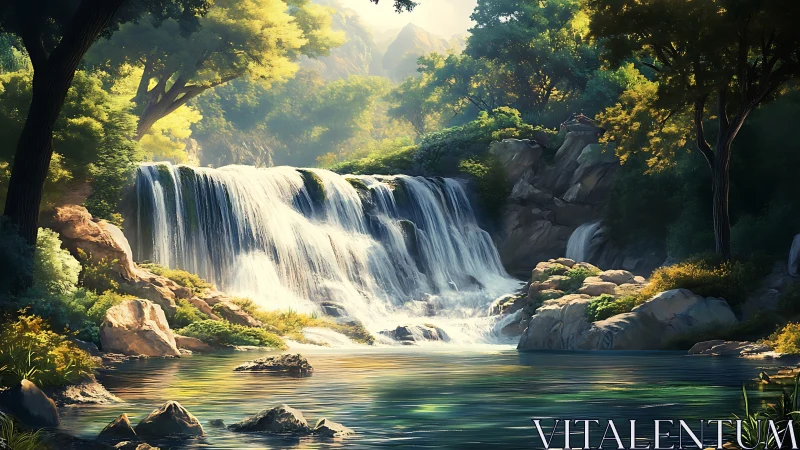 Sunlit forest waterfall cascades into a tranquil emerald pool.