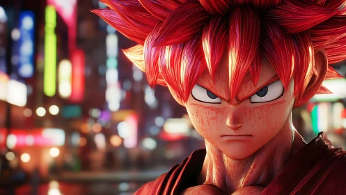 Red haired anime warrior rendered in neon city closeup.