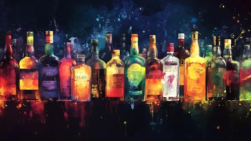 Colorful liquor bottles glow against a dark abstract bar backdrop
