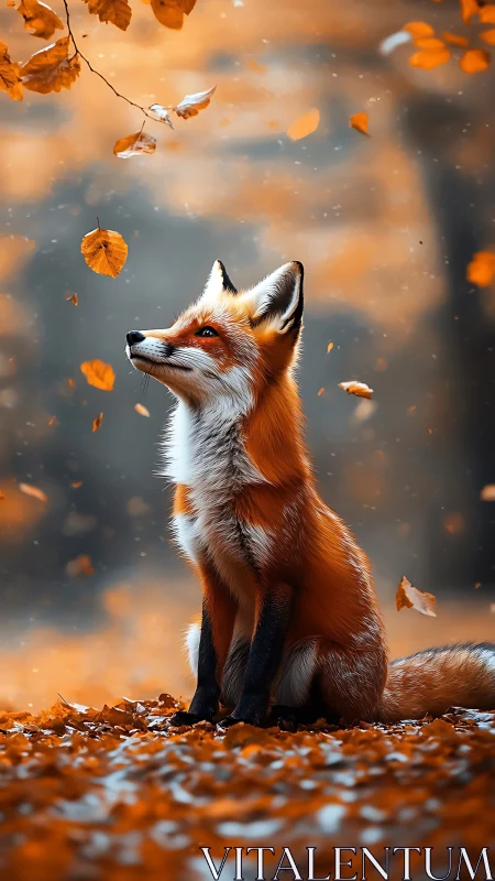 Red fox sits beneath swirling amber autumn leaves.