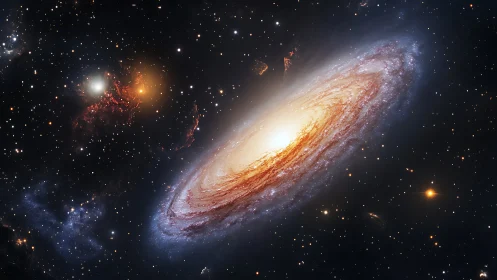 Spiral galaxy glows amid dense starfield and nebulae.