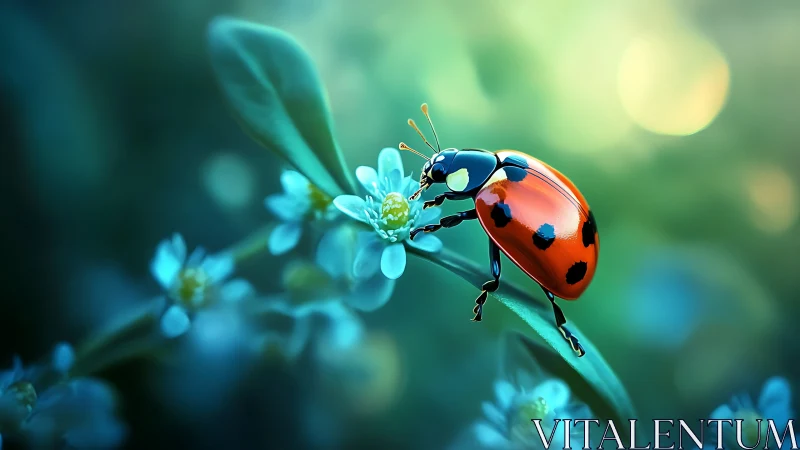 Ladybug pause on glowing blue blossoms at dawn.