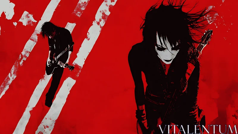 High-contrast red rock guitarist duo in stylized graphic silhouette
