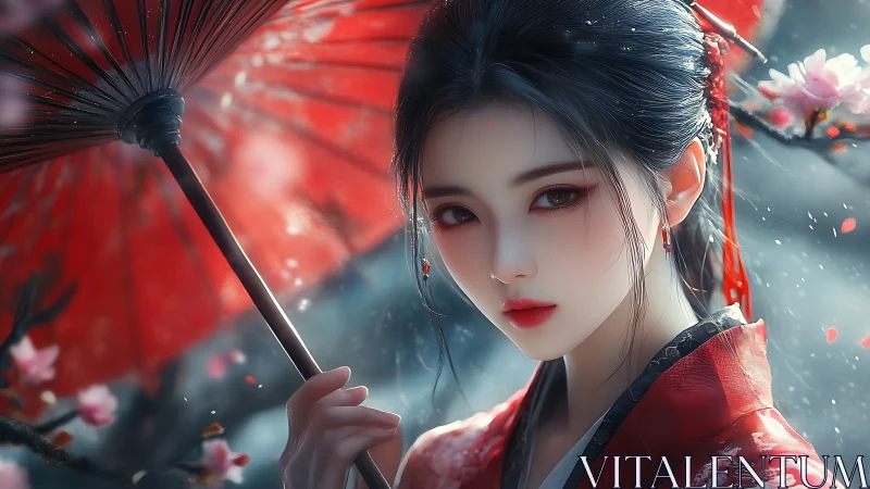 Digital geisha portrait with red parasol and blossom bokeh