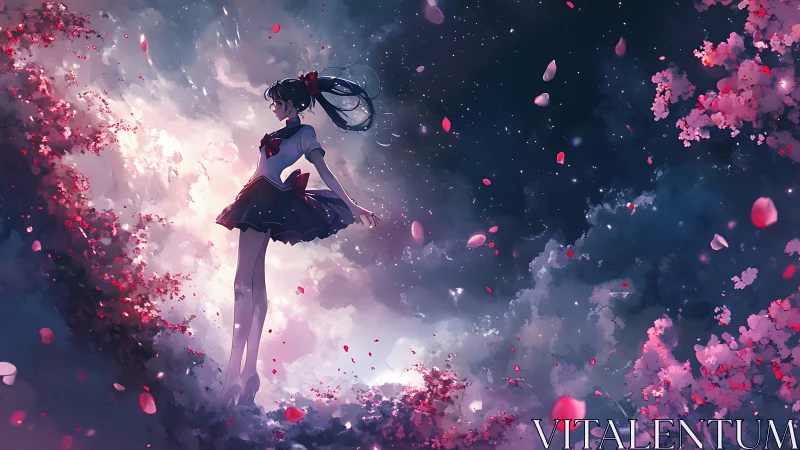 Celestial schoolgirl amid luminous petals and nebula sky.
