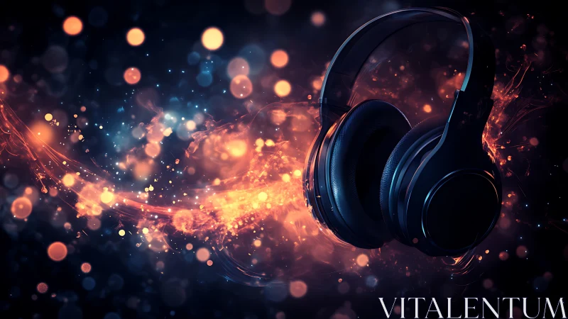 Studio headphones in luminous bokeh soundwave environment.