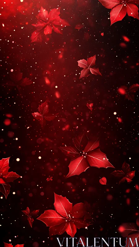 Red poinsettia petals floating on dark festive background.