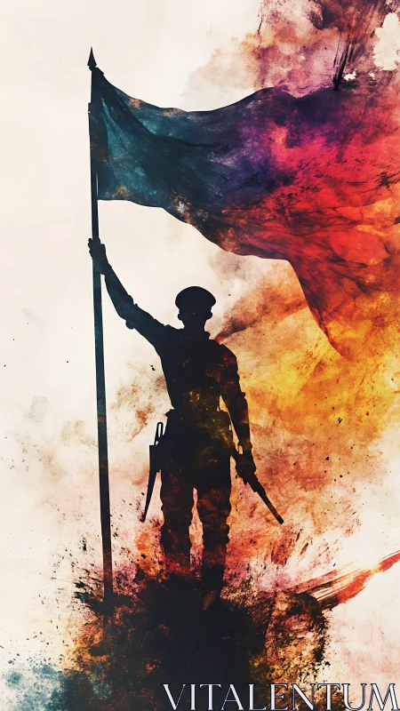 Silhouette of armed figure holding large flag amid color field