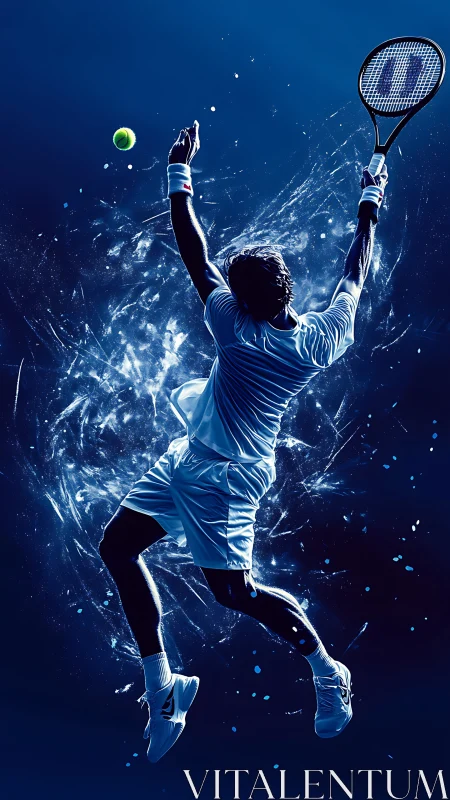 Dynamic blue-toned tennis serve silhouette in motion design.
