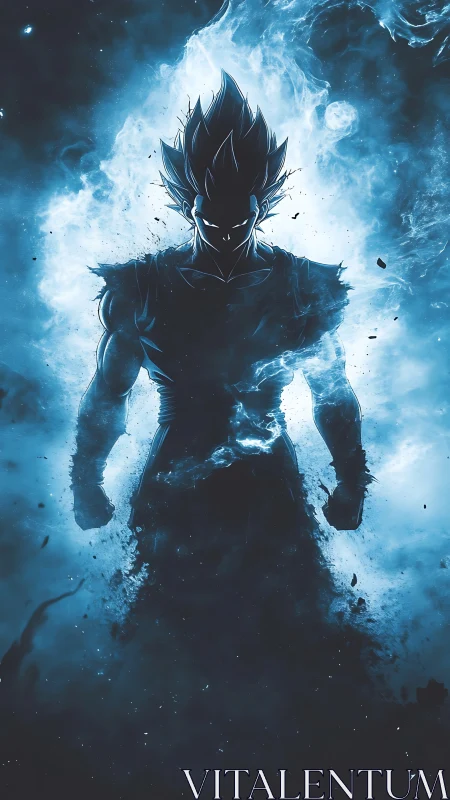 Silhouetted energy warrior emerges in electric cyan aura