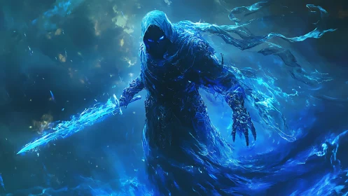 Spectral blue wraith advances wielding crackling energy blade