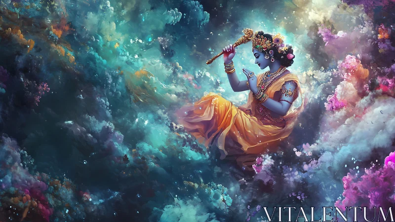 Divine blue figure playing flute amid nebular chromatic clouds