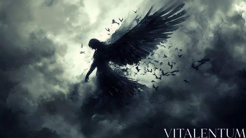Shadowed winged figure rises through swirling storm clouds