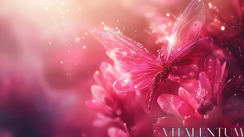 Transparent pink butterfly figure over blurred floral field.