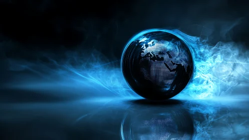 Glowing digital earth orb rests in swirling blue energy mist
