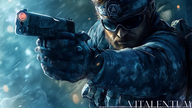 Tactical operator aims pistol under cold cinematic lighting.
