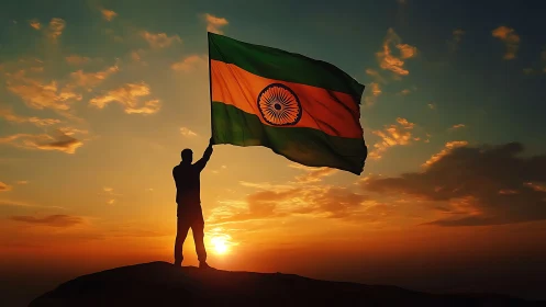 Silhouette raises Indian flag against blazing sunset sky