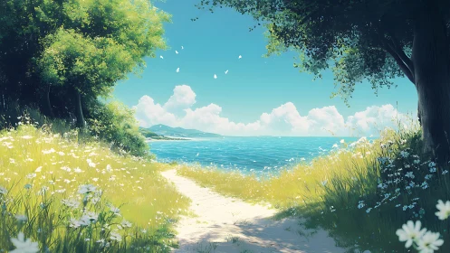 Sunlit coastal path opens onto a tranquil, radiant sea