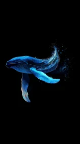 Luminescent blue whale glides through cosmic black sea.
