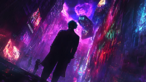 Lone figure confronts a neon-soaked cyberpunk city storm