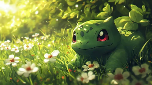 Bulbasaur creature resting in dense sunlit flower meadow.