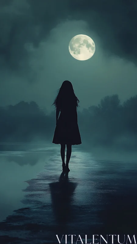Silhouetted woman walking across misty shore under moon.